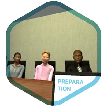 A laptop with a slide presentation is seen in the forground with a virtual audience seated at the table.